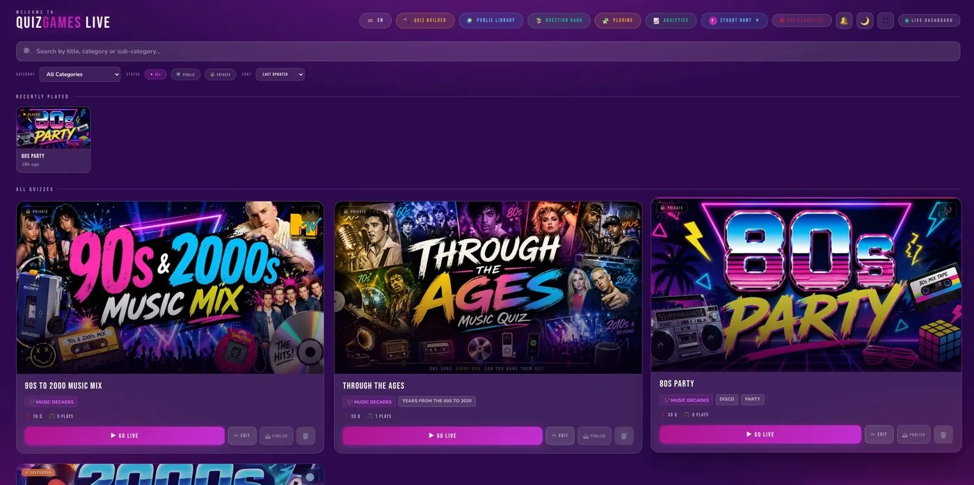 The QuizGames Live host dashboard, where you manage your quizzes and past shows