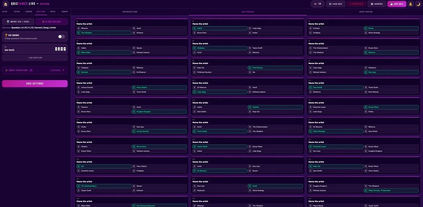 The QuizGames Live quiz builder with a round of questions